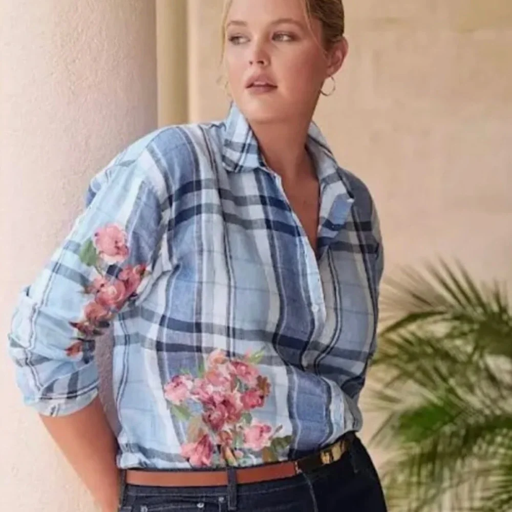 Ralph Lauren Floral and Blue Plaid Linen Women's Top - Picture 1 of 8
